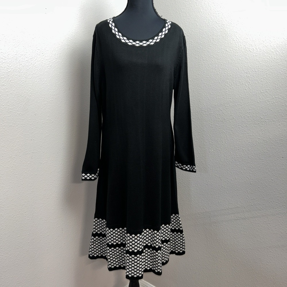 Jessica Howard Knit Sweater Dress Women's Large Black Diamond Plaid Trim Office